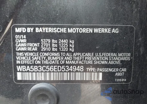 2014 BMW 535I xDrive from USA, damaged, VIN WBA5B3C56ED534948